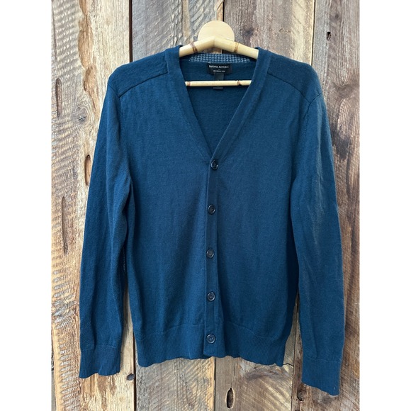 Banana Republic Unisex 100% Merino Wool Navy Cardigan L Elbow Patches Classic - Picture 1 of 10